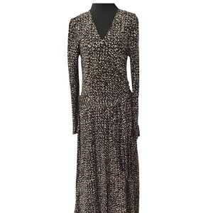 Talbots Faux Wrap Dress Women 6 Black Beige Abstract Rayon Long Sleeve V-Neck